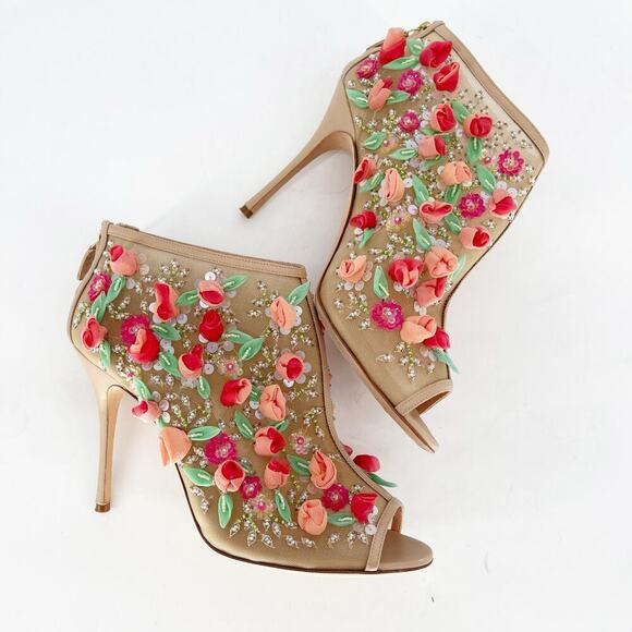 Manolo Blahnik Clizia Tan Mesh Bootie with Sequin and Floral Appliqué IT 40.5 - Picture 4 of 14